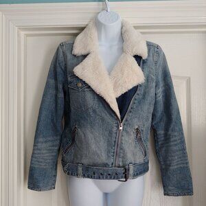 Lucky Brand Moto Fur Denim Jacket Grunge Rocker Y2k XS Trucker Western Cowgirl